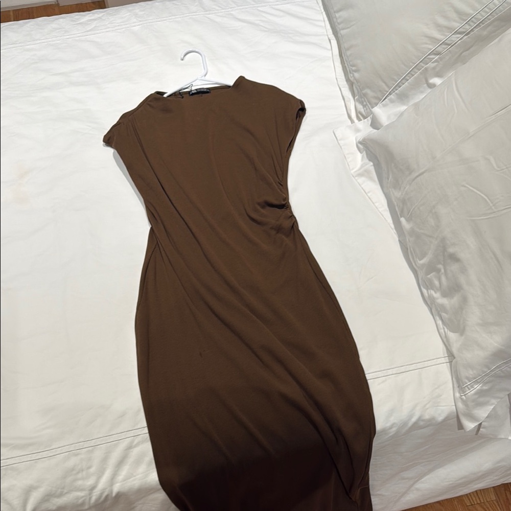 Zara Brown Ruched Sheath Dress Mock Neck